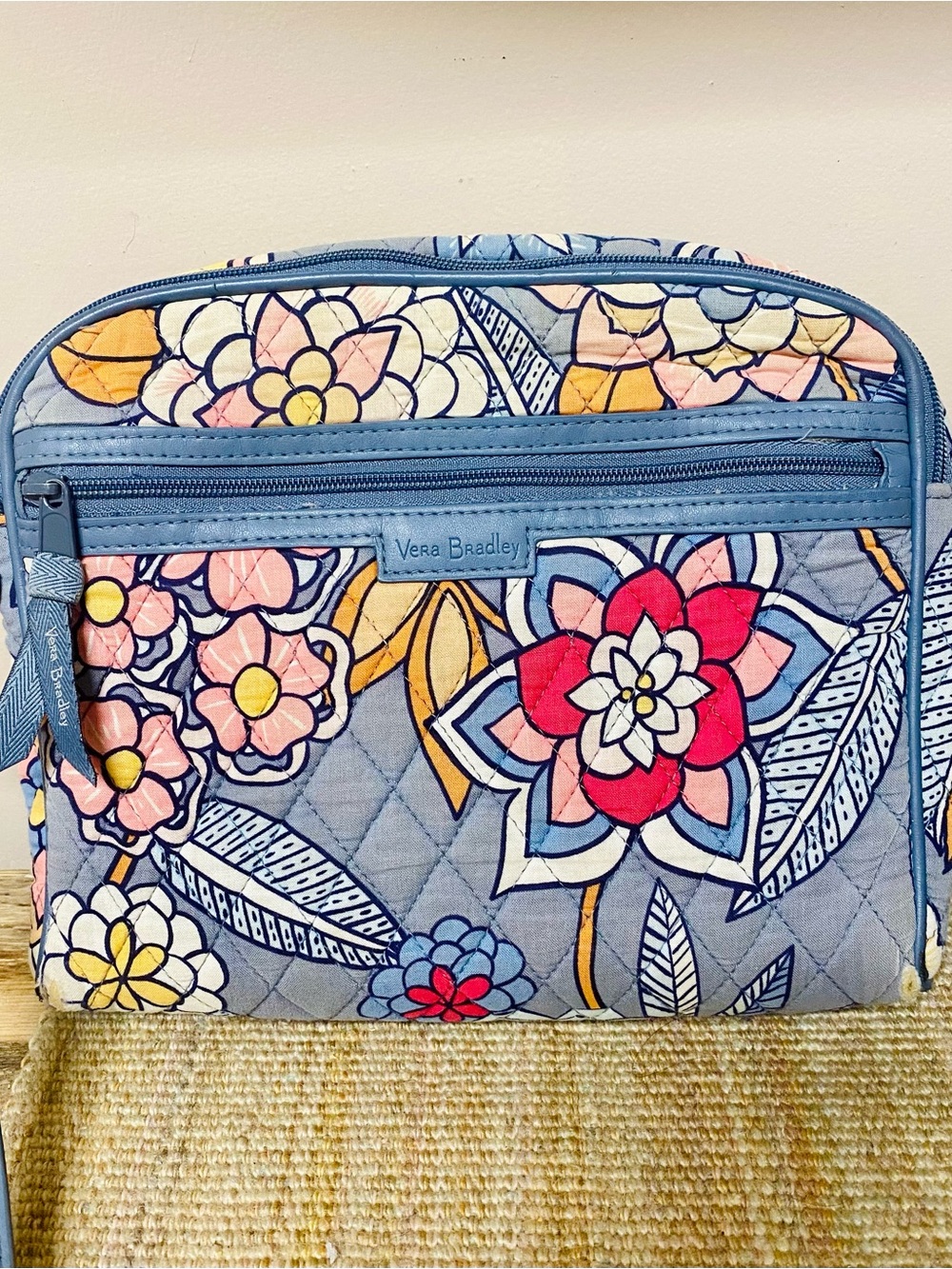 Vera Bradley Light Blue Quilted Cosmetic Bag with Floral Print